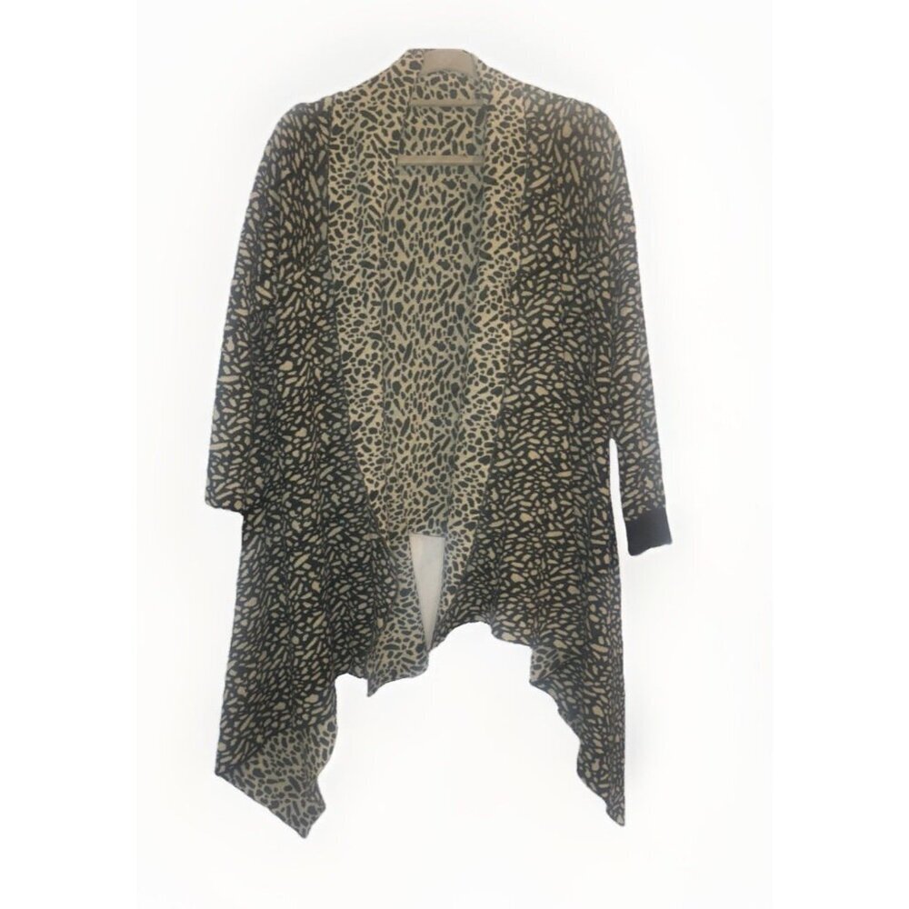 POL Women’s Tan Black Pattern Oversized Tiered Open Front Cardigan Sweater Sz S